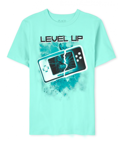 Childrens Place Aqua Green Level Up Graphic Tee.